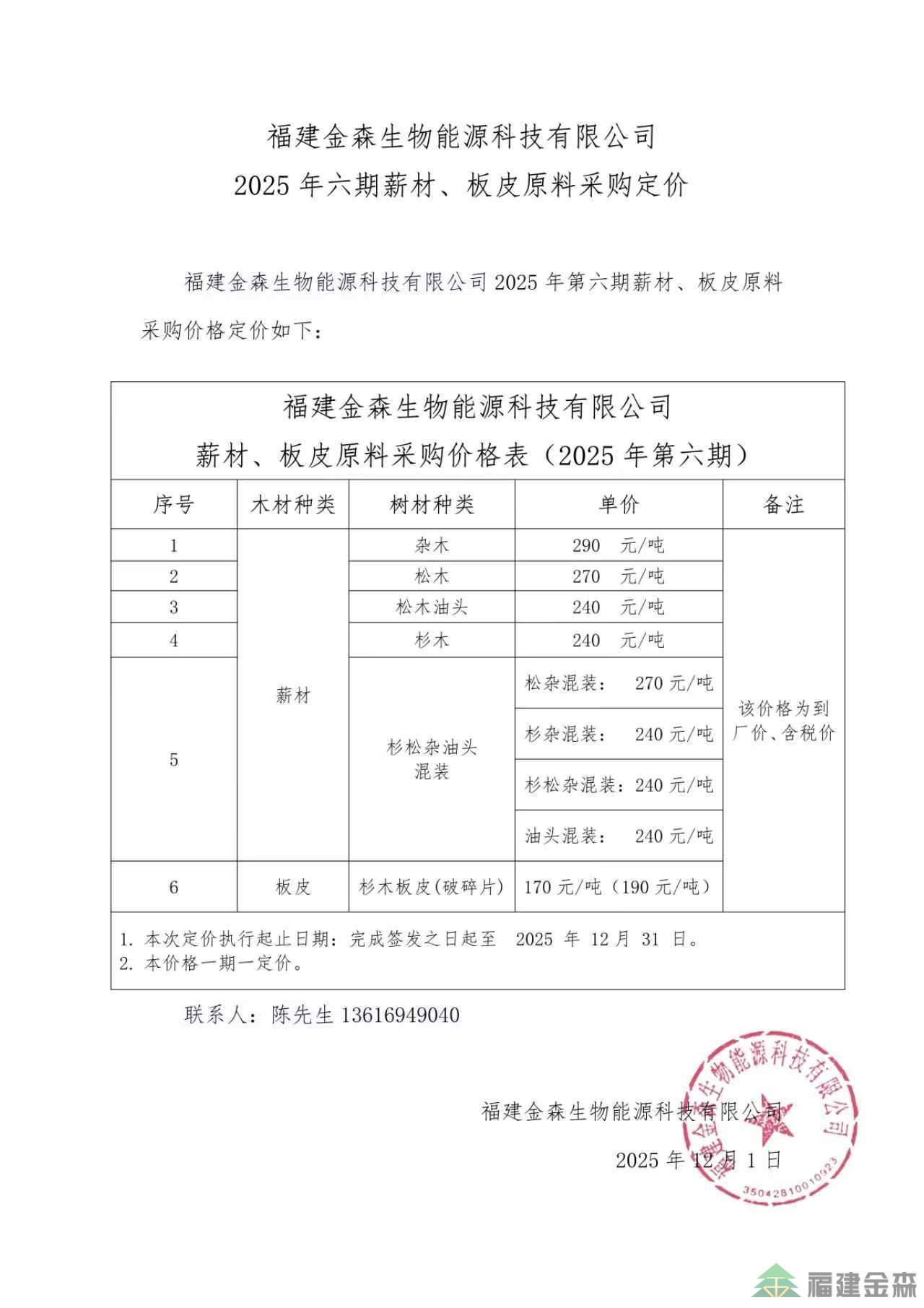 福建金森生物能源科技有限公司 2025年六期薪材、板皮原料采購定價(jià)
